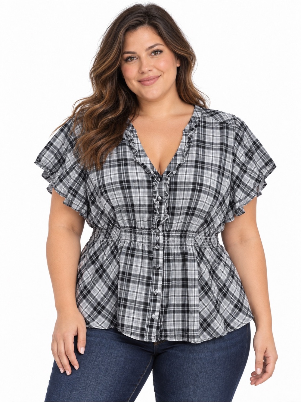 torrid Black & White Plaid Ruffle Button-Front Blouse